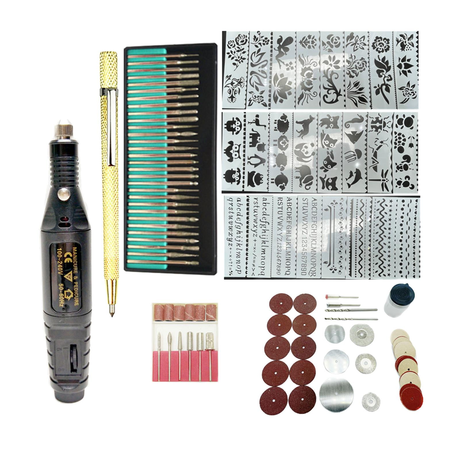 108Pcs Engraving Tool Kit, Multi-Functional Corded Micro Engraver Etching  Pen Mini DIY Rotary Tool for Jewelry Glass Wood Metal Plastic with Scriber,  82 Accessories and 24 Stencils 