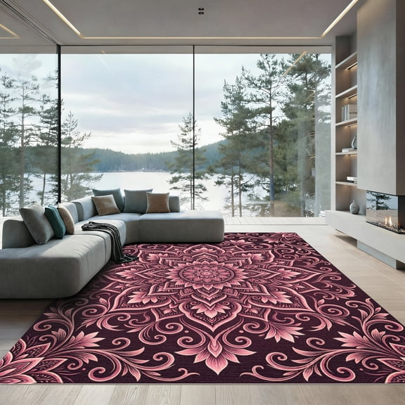ODIKA 4'x6' Machine Washable Non-Slip Area Rug, Oriental Burgundy High Traffic Rug, Pink, 1014810