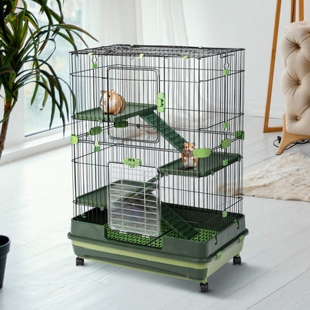 4-Tier 32"Small Animal Metal Cage Height Adjustable with Lockable Casters Grilles Pull-out Tray for Rabbit Chinchilla Ferret Bunny Guinea Pig Squirrel Hedgehog(GREEN)(=OLD SKU:W69133216)