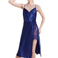 thumbnail image 2 of Defitshape Women's Silk Nightgown Summer Chemise Knotted Lace Satin Pajama Dress Drape Neck Backless High Slit Knee Length Sleep Dress Spaghetti Straps Lingerie Flounce Flowy Navy Blue XX-Large, 2 of 5