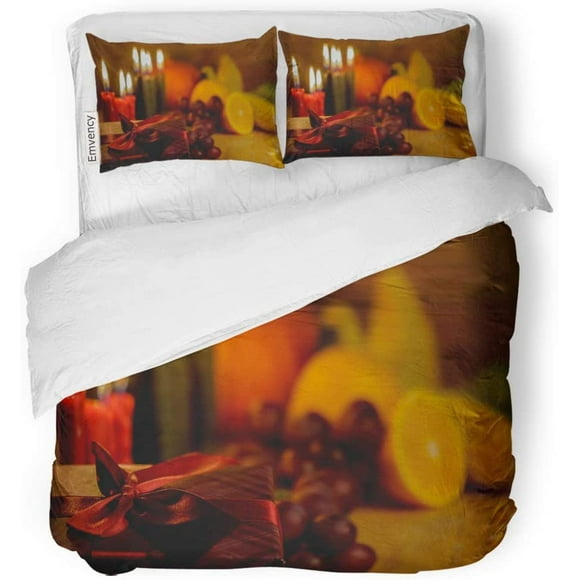 RYLABLUE 3 Piece Bedding Set Kwanzaa Holiday Seven Candles Red Black and Green Box Pumpkin Corn Fruit on Wooden Desk Twin Size Duvet Cover with 2 Pillowcase for Home Bedding Room Decoration