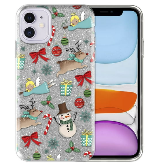 WIRESTER Silver Glitter Case, Sparkle Bling TPU Cover for Apple iPhone 11 6.1" 2019, Christmas Pattern Reindeer Angel Snowman