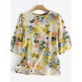 thumbnail image 3 of ZANZEA Women 3/4 Sleeve Blouse Floral Print Crewneck Cotton Linen Casual Shirt Tops, 3 of 12