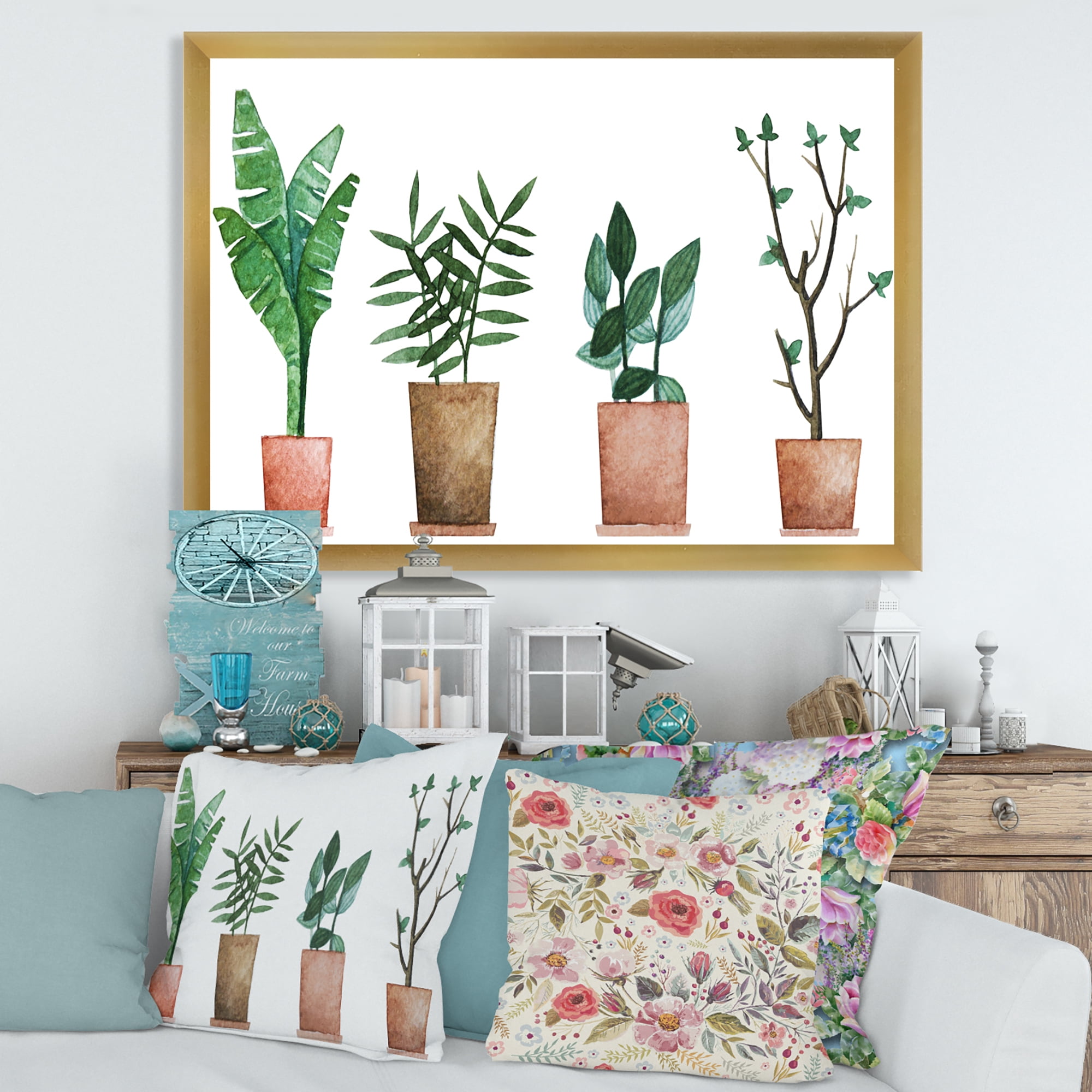 Designart 'Duo of Potted Flowers House Plants In Claypots' Farmhouse Framed Art Print