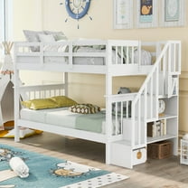 White Stairway Twin-Over-Twin Bunk Bed with Built-in Storage Stairs & Guard Rail - Solid Pine Wood, Space-Saving Design for Bedroom, Dorm, 93.9" L