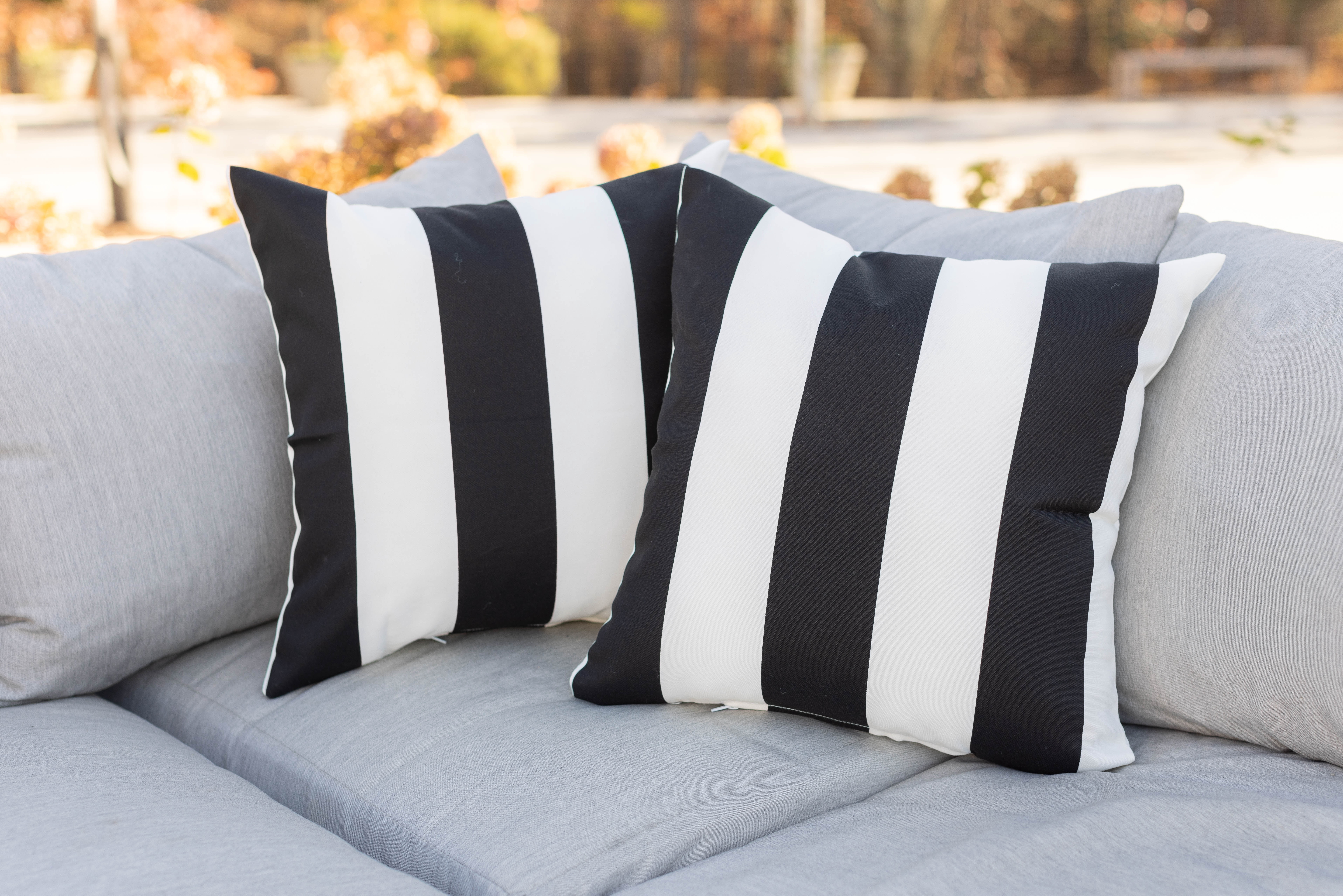 RSH Decor: 4 Square Throw Pillows | 17" x 17" | All-Weather Spun Fabric | Black & White Stripe
