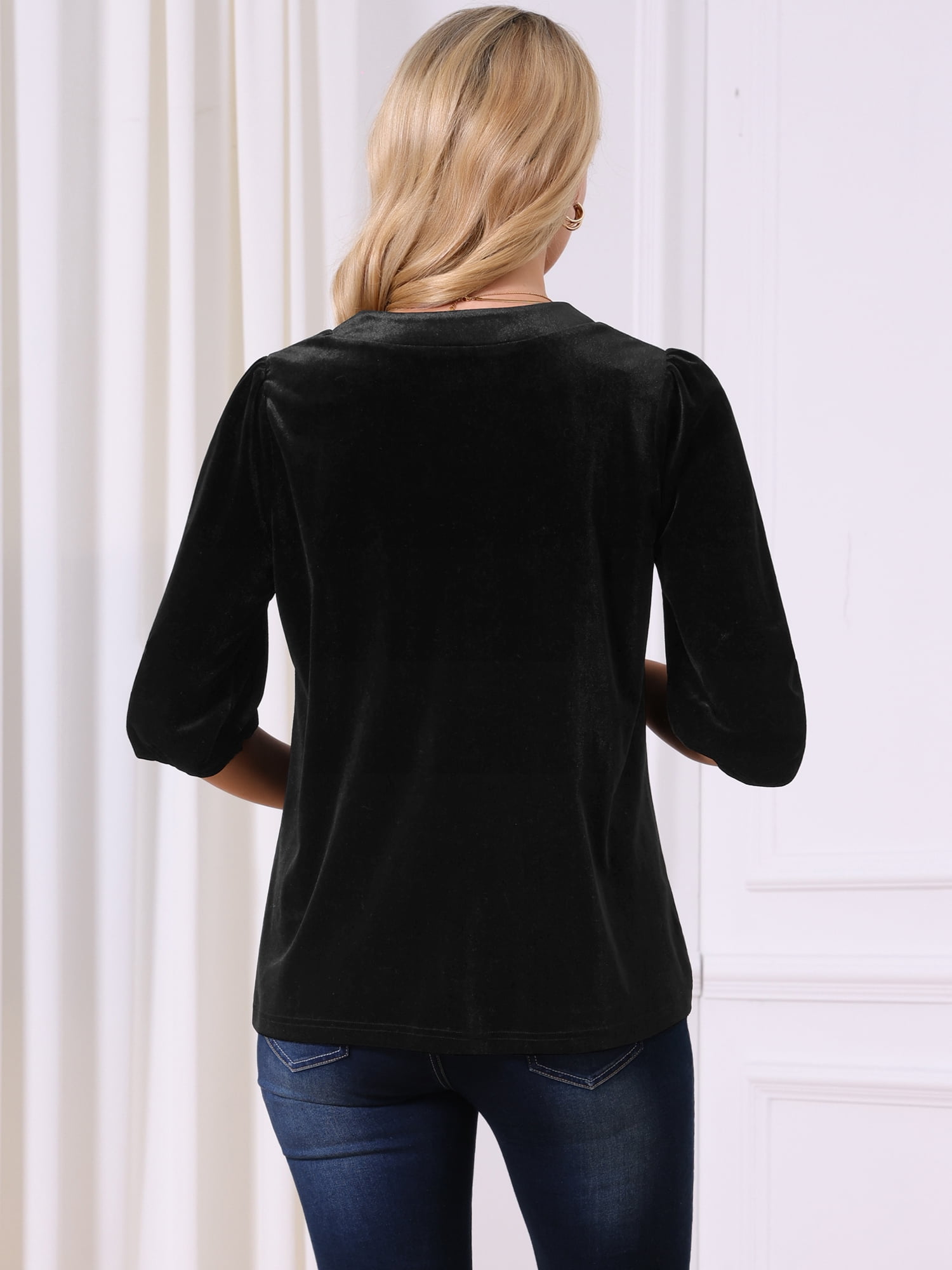 DARING DIVA Women's Velvet V Neck 3/4 Puff Sleeve Casual Blouse L Black