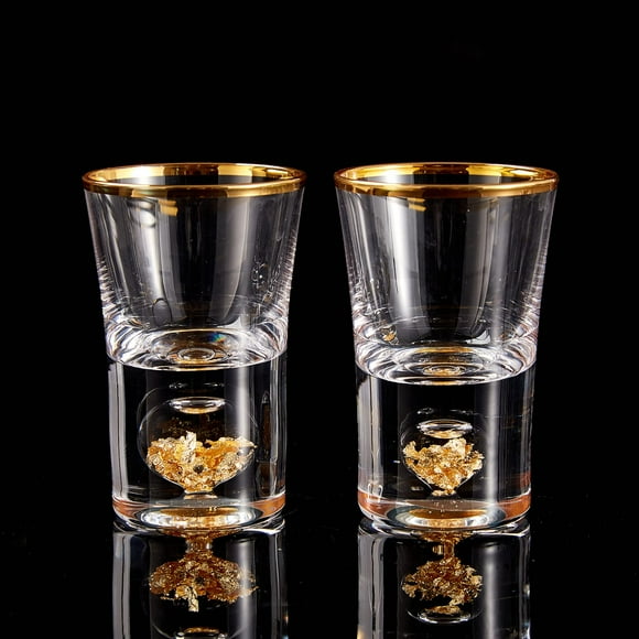 Vasos de chupito DUJUST Crystal con hojuelas de hoja de oro de 24 quilates, 45 ml, 2 unidades