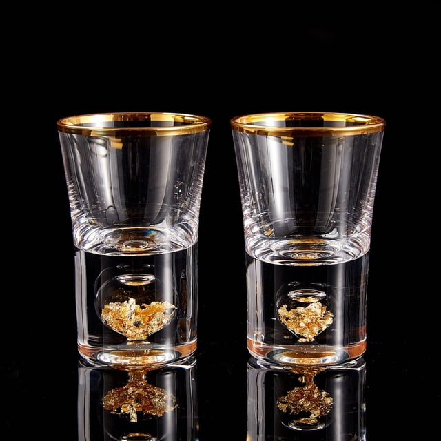 Vasos de chupito DUJUST Crystal con hojuelas de hoja de oro de 24 quilates, 45 ml, 2 unidades