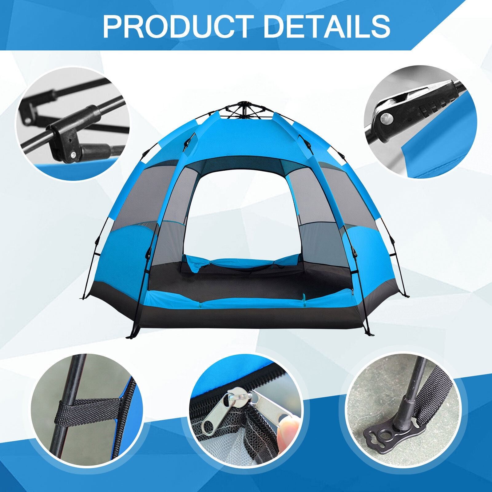 SHANNA Instant Camping Tent Portable Large Pop Up Tent 3-4 Person Dome Family Hexagon Tents Pop up Sun Shade Tent for Outdoor Camping Hiking, Blue Tent +Inflatable pillow