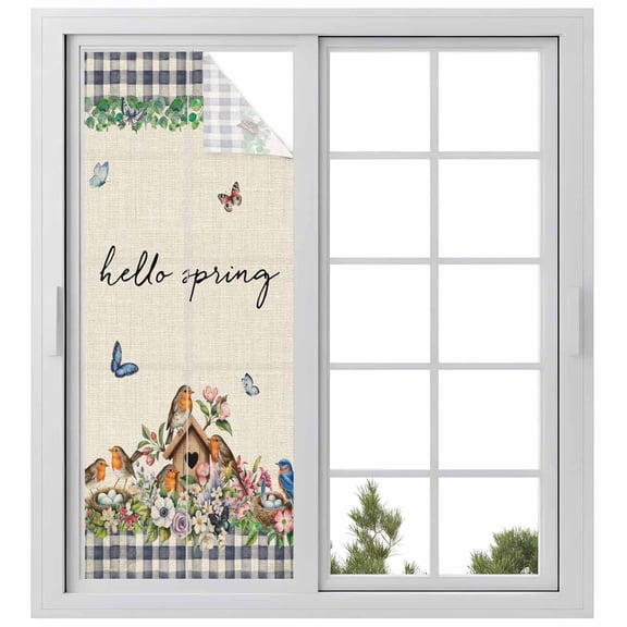 Spring Botanical Window Privacy Film, Farmhouse Vintage Black Plaid Brown Static Cling UV Sun Blocking Heat Control Window Tint Day and Night, Non-Adhesive One Way Windows Privacy Cover 29.5''x78.7''