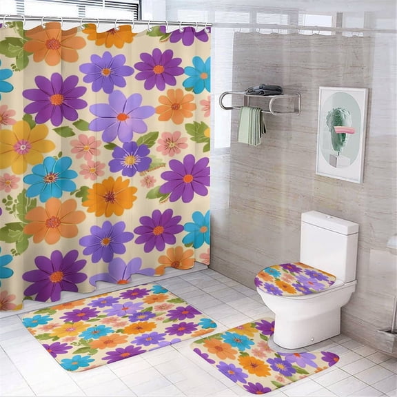 Floral Colorful Flower 4 Piece Shower Curtain Sets, Non-Slip Rugs, Toilet Lid Cover And Bath Mat, for Bathroom Decor Set, 72" X 72"
