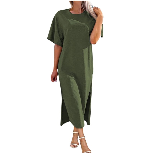 Staron Womens Robe d'Été à Manches Courtes Fendue Col Rond Robes Élégantes Voyage Vacances Ligne A Couleur Unie Fluide Robe Midi Vert Armée G