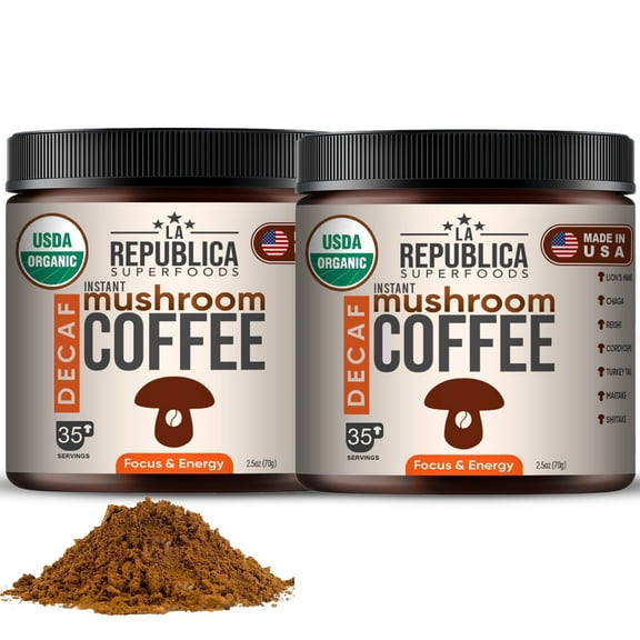 La Republica Organic Decaf Mushroom Coffee Instant Blend 2-Pack (7.5 oz) with Lion's Mane & Reishi – 70 Servings