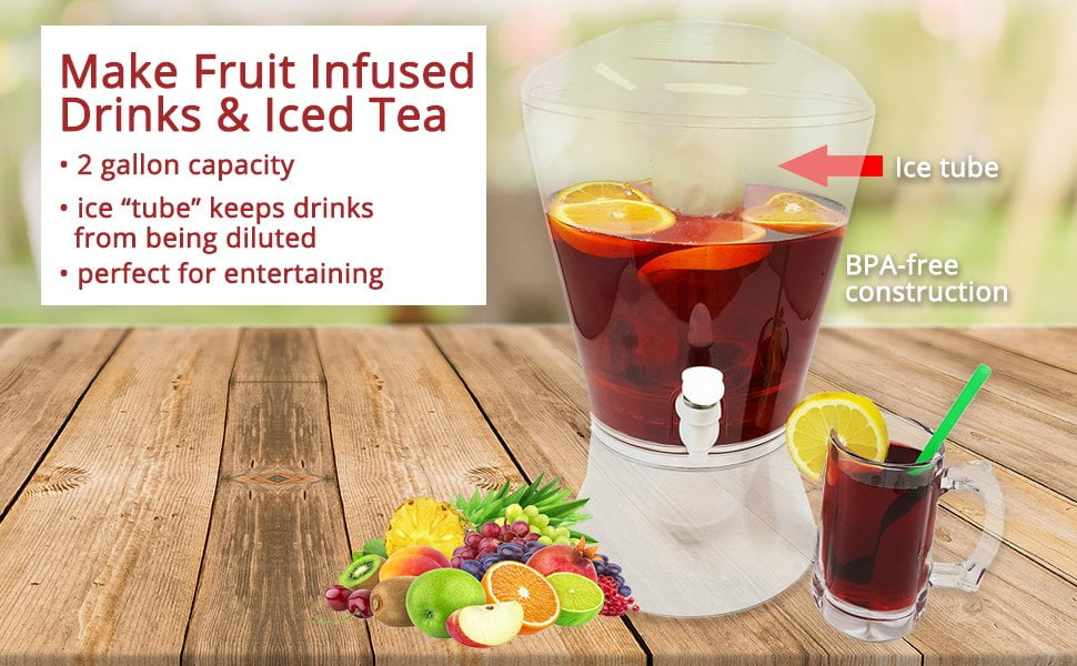 Shatterproof Acrylic Jug with Fruit and Tea Infuser and Spigot Perfect for Parties Ice Base and Core Keep Juice and Drinks Cold Large 2 Gallon Beverage Dispenser on Stand with Spout 