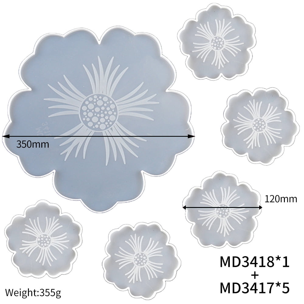 6 PCS Silicone Resin Molds, 1PCS Large Resin Tray Mold and 5PCS Coaster Molds for Resin Casting, Flower Shape Epoxy Resin Casting Molds for DIY, Home Decoration, Table Wine Tray