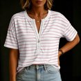thumbnail image 6 of Aezemi Women Striped Button Shirts Pullover Loose Fit Short Sleeve Summer Daily Home Fashion Tees Baggy Outdoor Work Walking All Match Soft Casual Tops S, 6 of 7