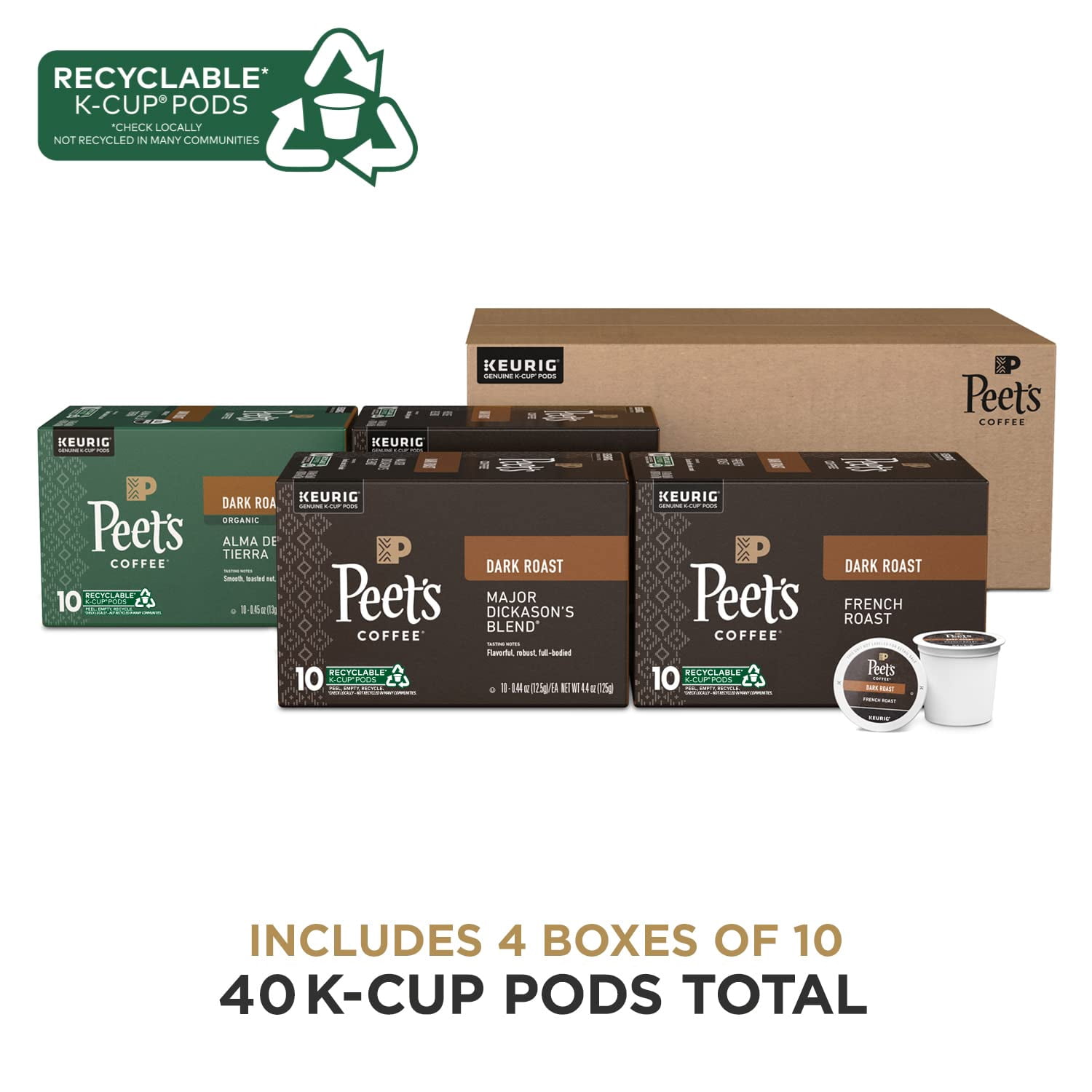 Peet's Coffee Dark Roast Keurig Coffee Pods - Assorted Selection Pack of Major Dickason's Blend, French Roast, Organic Alma De La Tierra, and House Blend - 40 Count (4 Boxes of 10 K-Cup Pods).