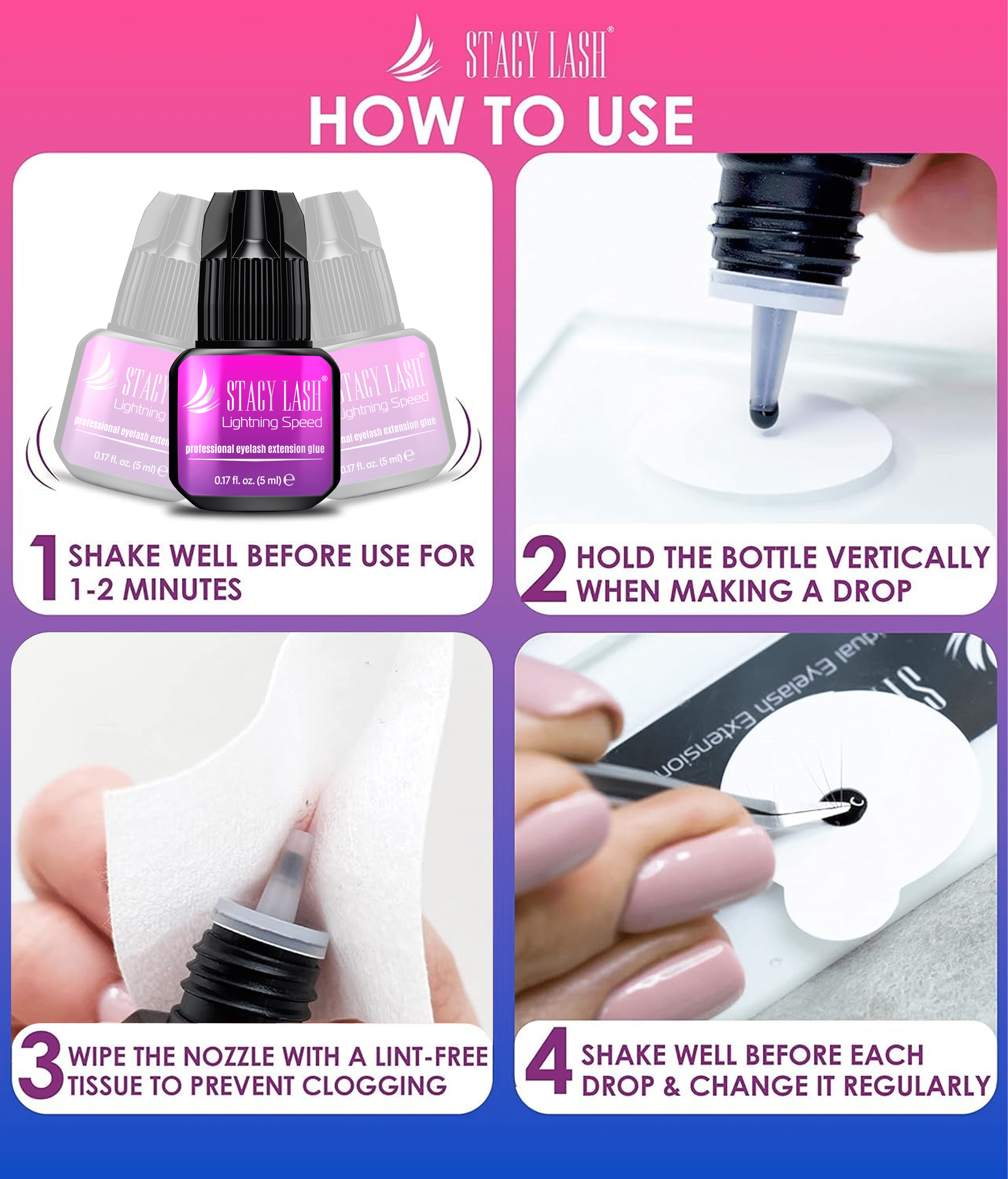 Stacy Lash Lightning Speed Eyelash Extension Glue (5ml/ 0.17 fl. oz) / Black Cyanoacrylate Adhesive /Fast Drying Time & Strong Retention / Professional Use Only