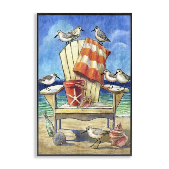 Stupell Industries Rustic Lodge Summer Beach Chair Seagulls Black Framed Giclee Art, 12 x 18, by Geoff Allen