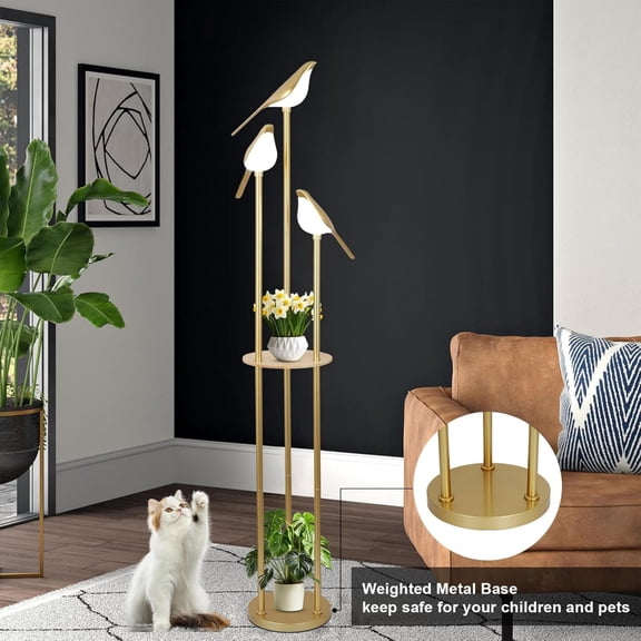GARITIN Gold Floor Lamp with Shelves, Modern Floor Lamp with 3 Adjustable LED Bird Lights, Mid Century Standing Lamp for Living Room Bedroom, Gold