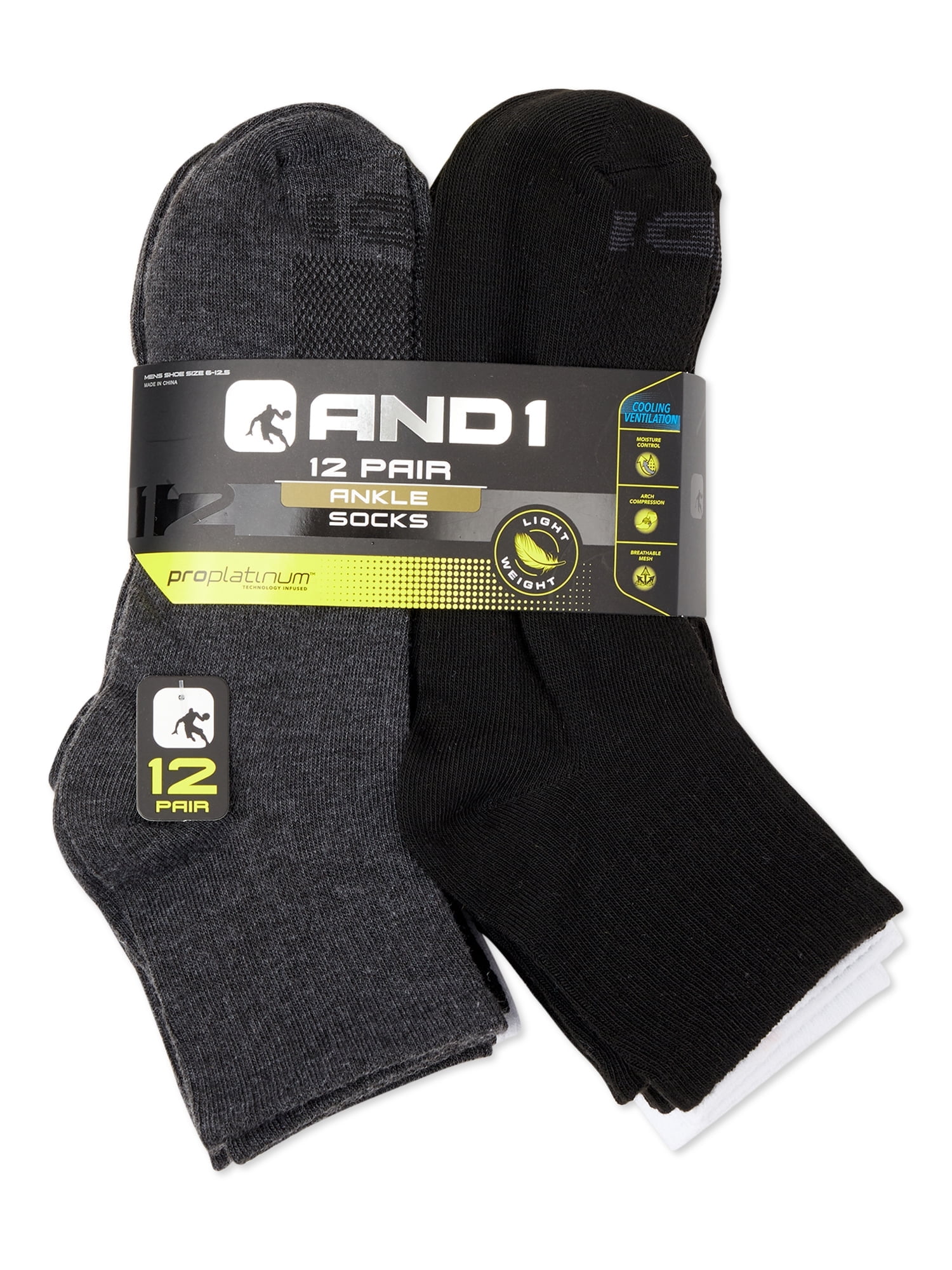AND1 Men's Socks, Lightweight Quarter Socks, 12 Pack