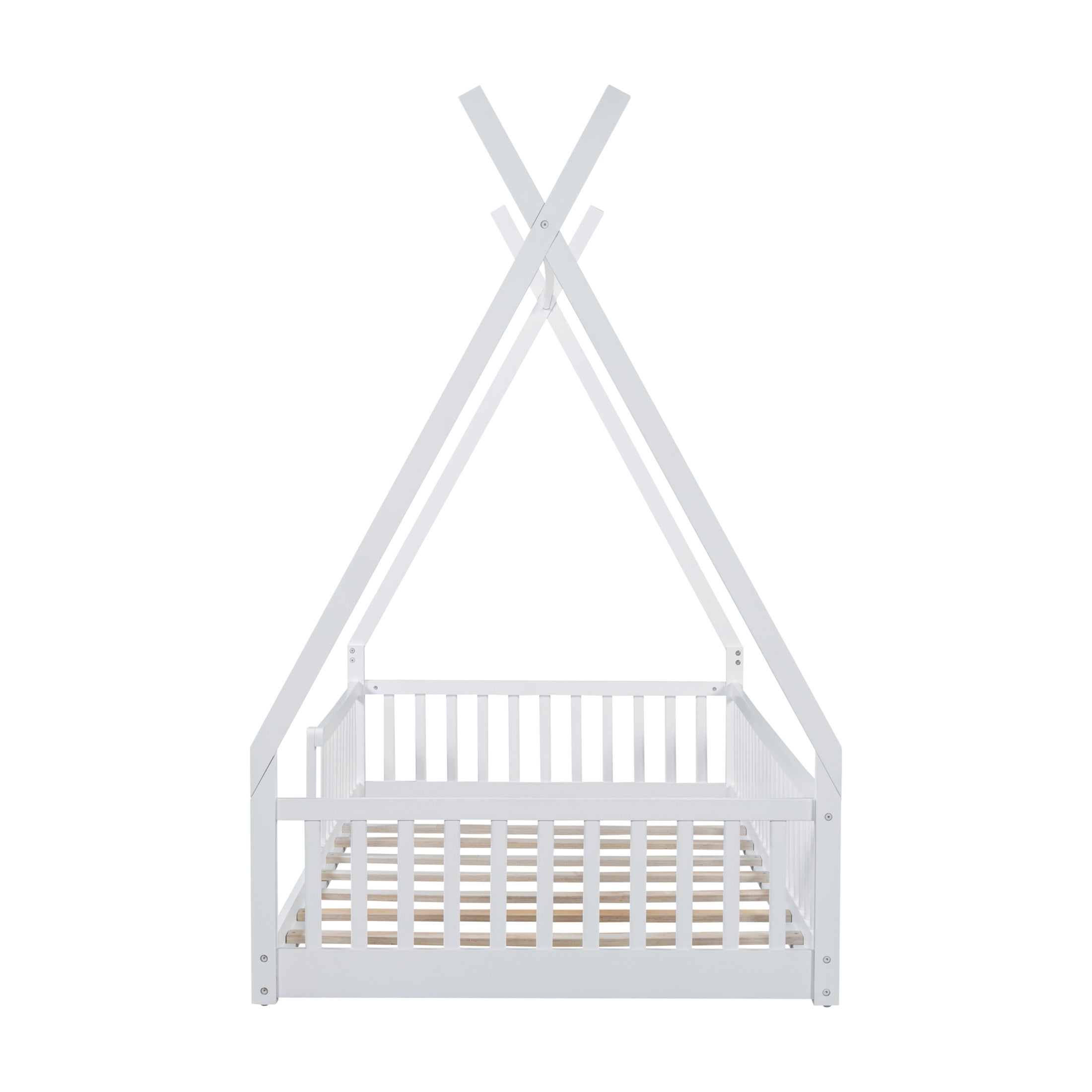 Noble House Windsor Twin Size Pine Wood House Bed with Fence, Distressed Washed Frame with Sky Roof, White