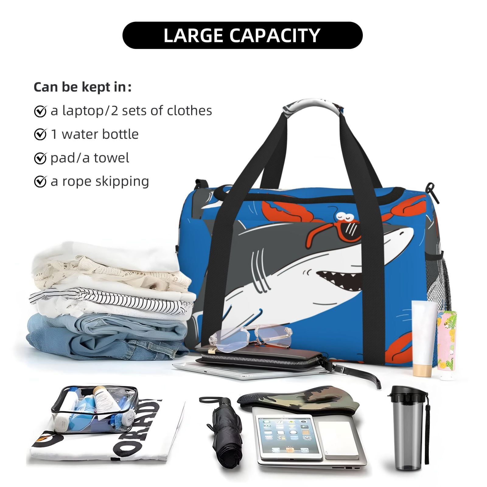 Fuzoiu Shark With Sunglasses and Lobste Print Travel Duffle Bag,Carry On Tote Bags,Duffel Bag,Sport Gym Bag, Hospital Bag for Labor and Delivery, Overnight Bag,Luggage Bag