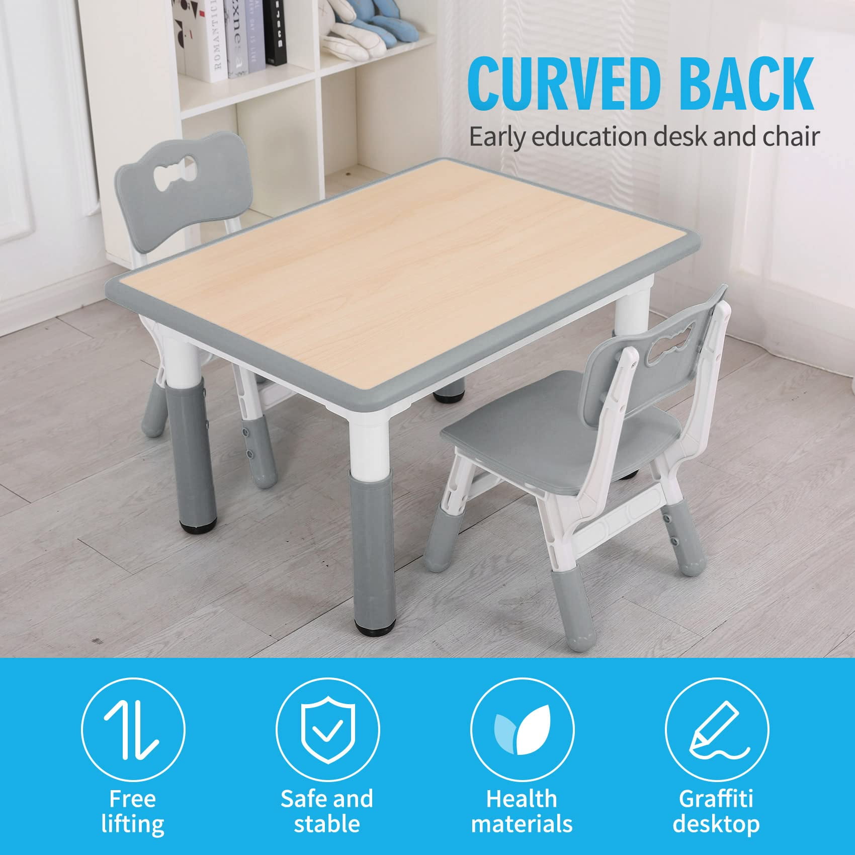 UNICOO® Kids Table and 2 Chairs Set, Height Adjustable Toddler Table and Chair Set, Easy to Wipe Arts & Crafts Table, Suitable for Ages 2-8, Childrens Table and Chair Set (BY-60-MGY)