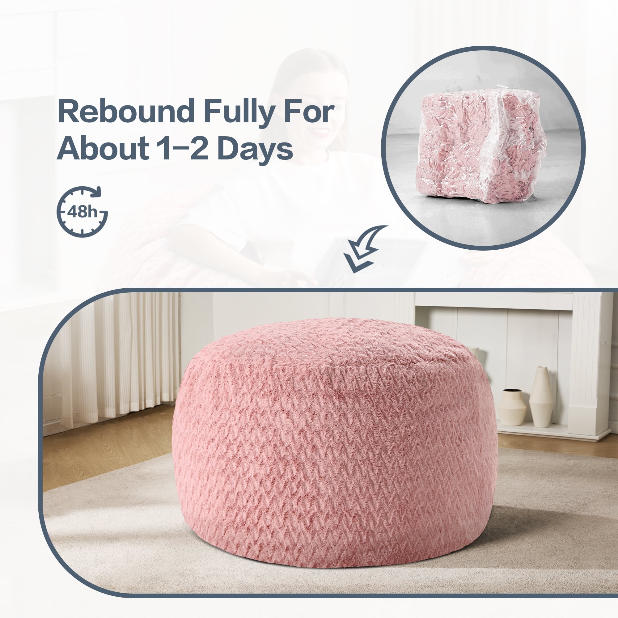 Hobestluk 3ft Bean Bag Chairs for Adults Large Beanbag Chair with Chevron Plush Fur Cover Big Bean Bag Chair for Living Room Bedroom Dorm Office - Pink (36” x 36” x 22”)