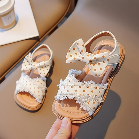 

YODETEY Girls Leather Sandals Soft Sole Comfortable Single Shoes Shallow Mouth Princess Shoes with Pretty Bows Khaki