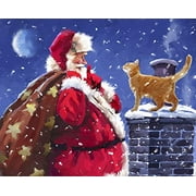 Angle View: David Textiles Santa On The Roof with Cat Standing On Chimney Panel 36 X 44 AL4029