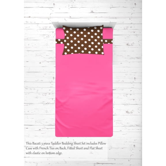 Girls 4 pc Toddler Bedding/3 pc Sheet Set 100% Cotton Percale, Butterflies Ladybugs, Pink/Fuchsia/Chocolate