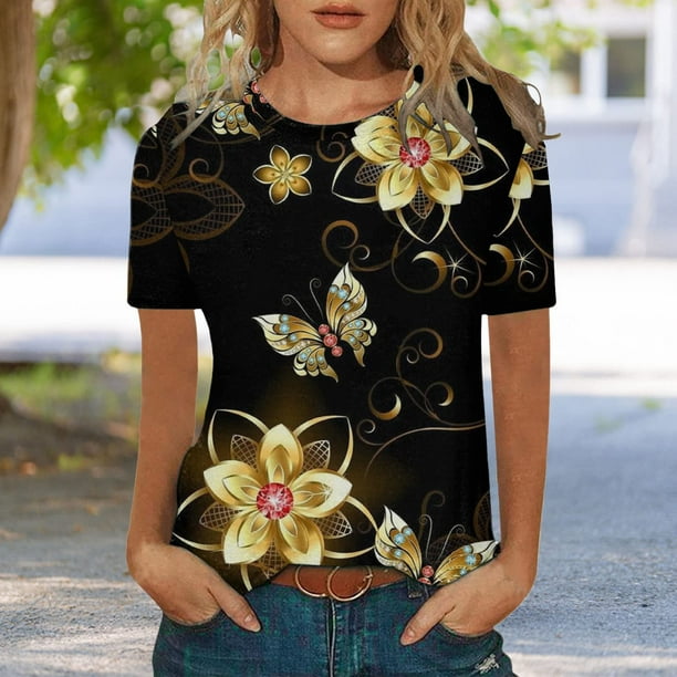 Floral Butterfly Print T-Shirt for Women Dressy Casual Short Sleeve Tunic  Tops Trendy Tie Dye Graphic Crewneck Tee Y2K Blouse at  Women’s