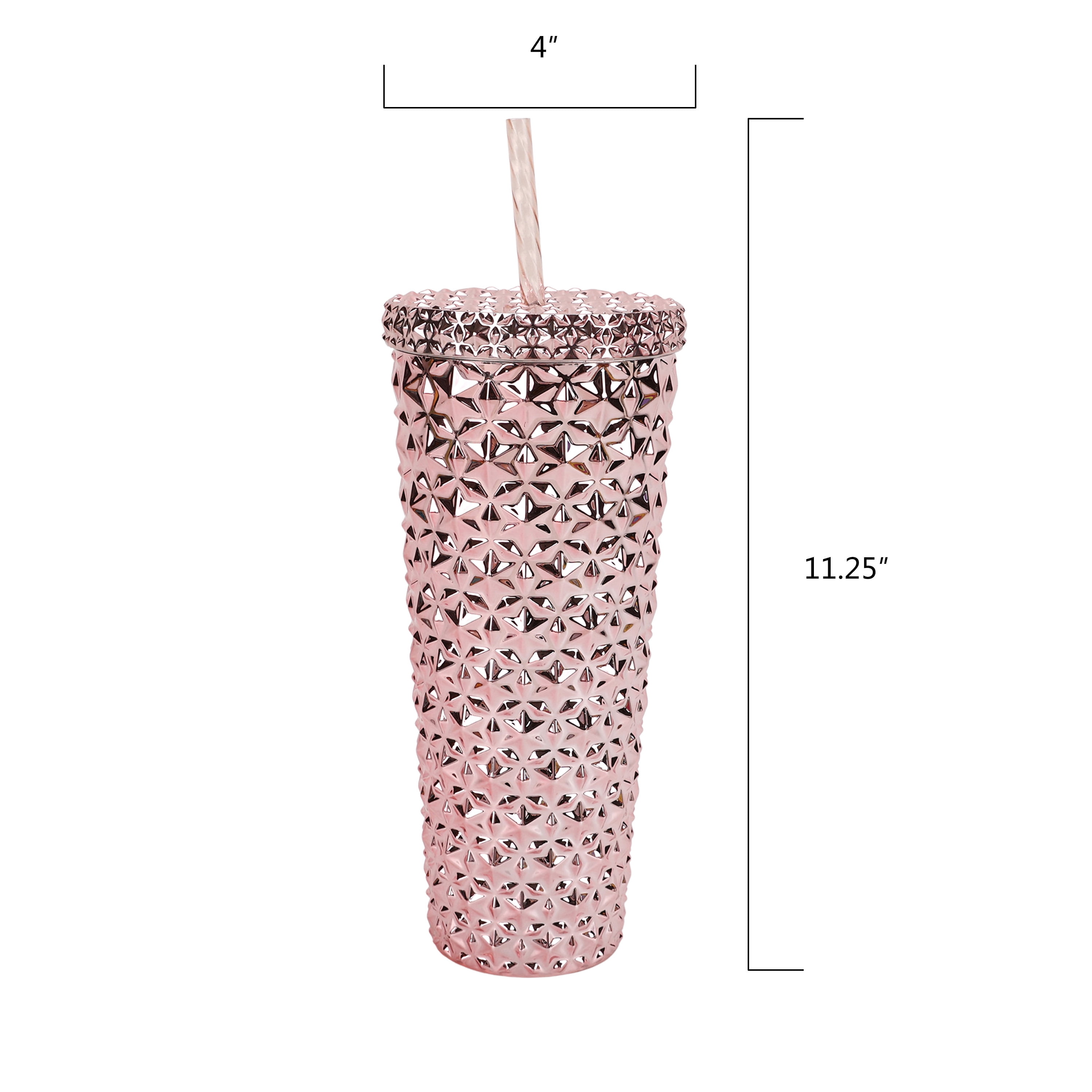Holiday Time 26 oz Plastic Double Wall Insulated Textured Tumbler with Straw, Pink Metallic