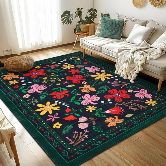 BLEUM CADE 3x5 Area Rug, Floral Rugs for Living Room, Lightweight Non Slip Washable Rug, Indoor Low Pile & Non-Shedding Vintage Rugs Carpet for Bedroom, Living Room, Dining Room, Black