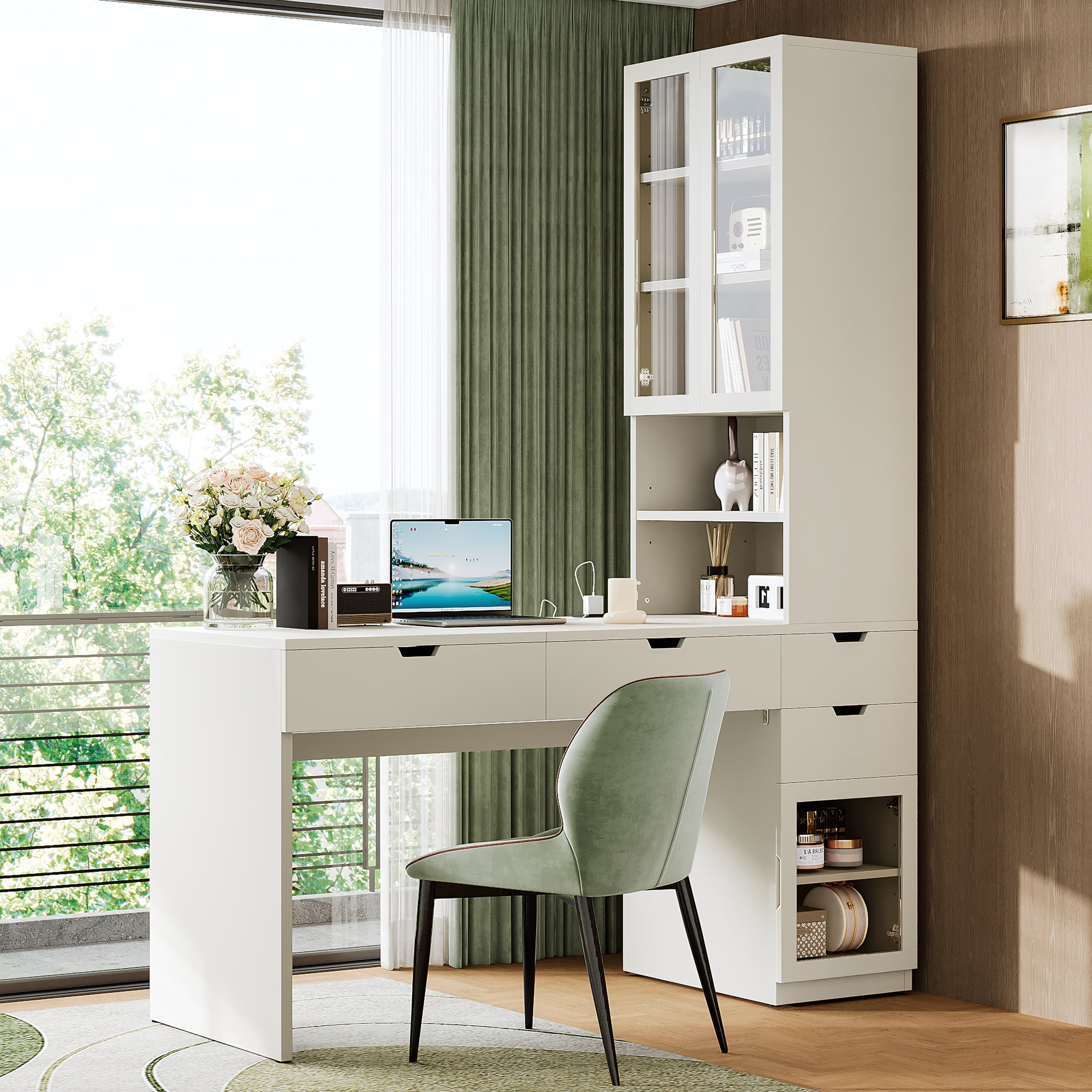 Euroco Multi-functional Vanity Desk with Mirror, Charging Station & Storage Cabinets — Ideal for Makeup, Office, and Study Use