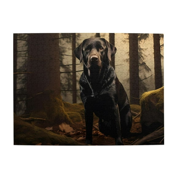 500-Piece Wooden Jigsaw Puzzle for Adults - Black Dog Forest Trees Moss , Interlocking Pieces with Guide Letters, Holiday Gift & Home Decor