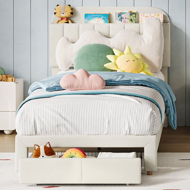 GloryStar Cadre de Lit Plateforme en Velours Format Simple avec Tête de Lit de Rangement, Tiroir et Roue, Sans Bruit et Assemblage Facile pour Enfants