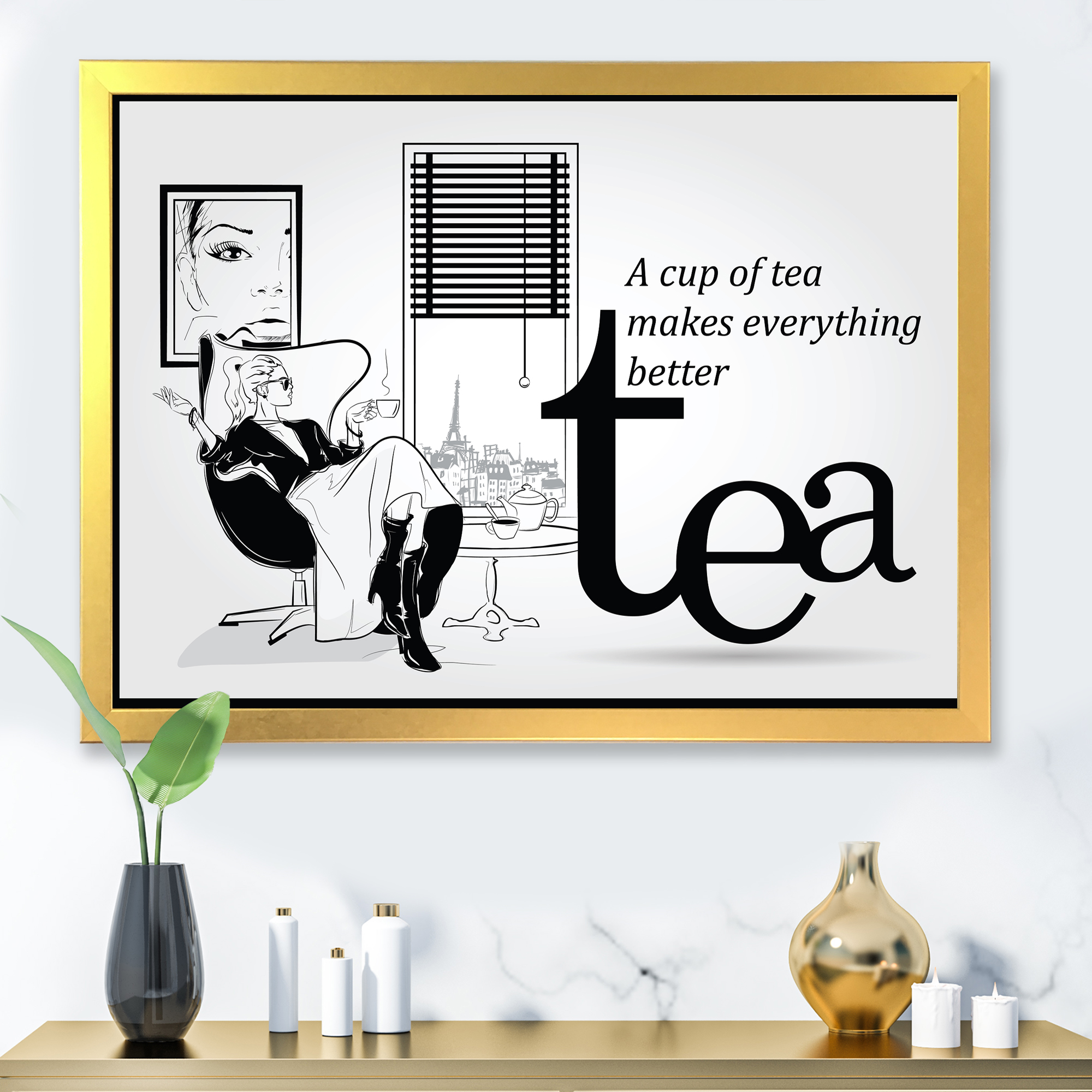 Designart 'Ancient Fashion Girl Drinking A Cup Of Tea' Vintage Framed Art Print