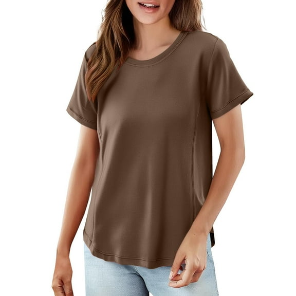 Yigetop Tee Shirts Womens Women's Solid Color T Shirt Round Neck Short Sleeved Top Large Size Loose Elastic Pure Cotton Base Shirt Basic Tees for Women Khaki 6XL