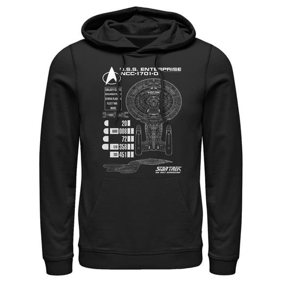 Men's Star Trek: The Next Generation Enterprise Galaxy Class NCC-1701-D Schematics Pull Over Hoodie Black Large