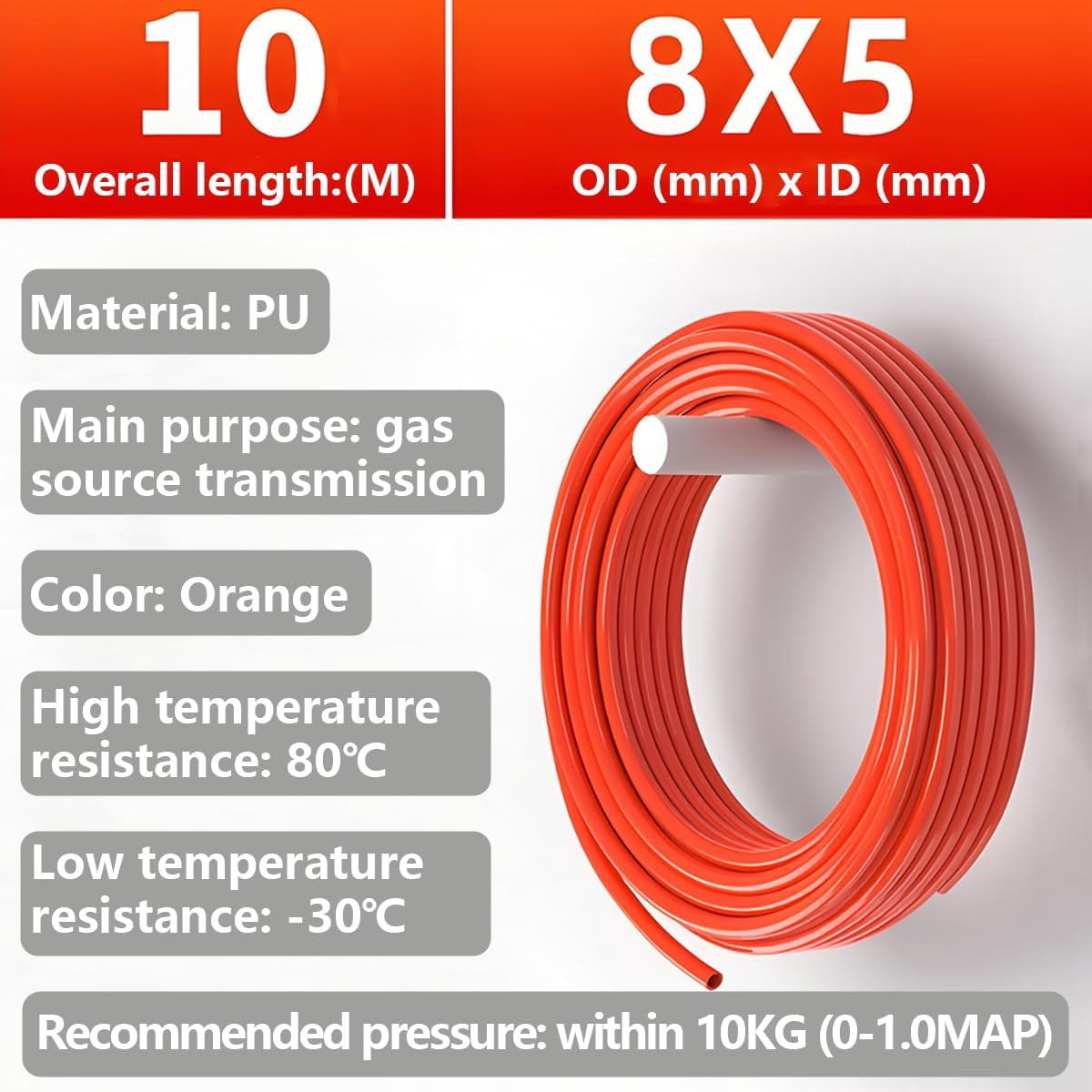 MKEUDQ-PU Tubing, Polyurethane Pneumatic Hose Orange 10M, Air Compressor Hose OD 8mm x ID 5mm with Blue pipe Cutter used for Gas source transmission
