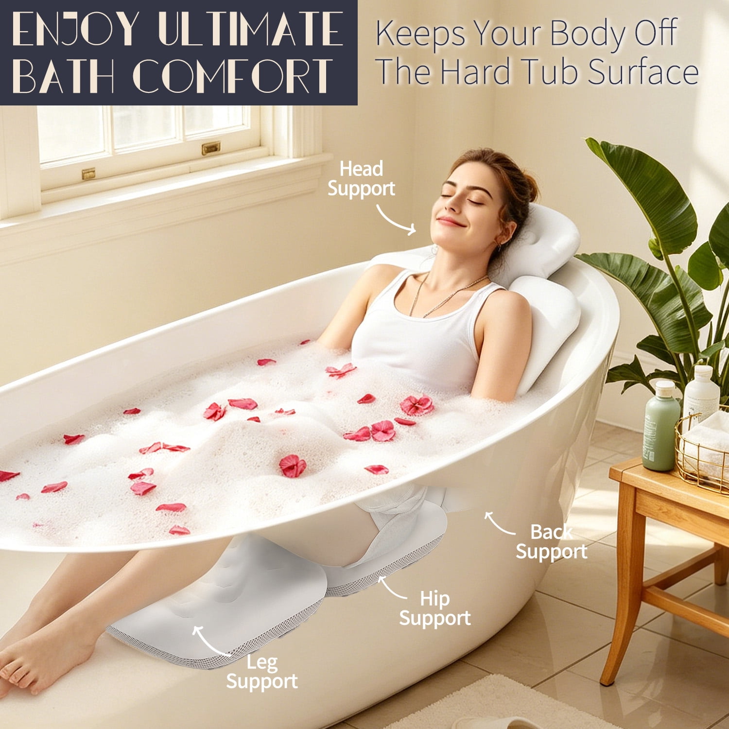 VOXOR Full Body Bath Pillow, 50"x15" x 2" Thick Bathtub Cushion with Suction Cups for Head, Neck & Back Support Pearl White