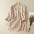 thumbnail image 2 of Womens Elbow Length Sleeve Tops Womens 3/4 Sleeve Cotton Linen Tops Casual Loose Fit Cute Daisy Print T Shirts Summer Round Neck Pullover Blouses Trendy Lightweight Soft Plus Size Tops, 2 of 5