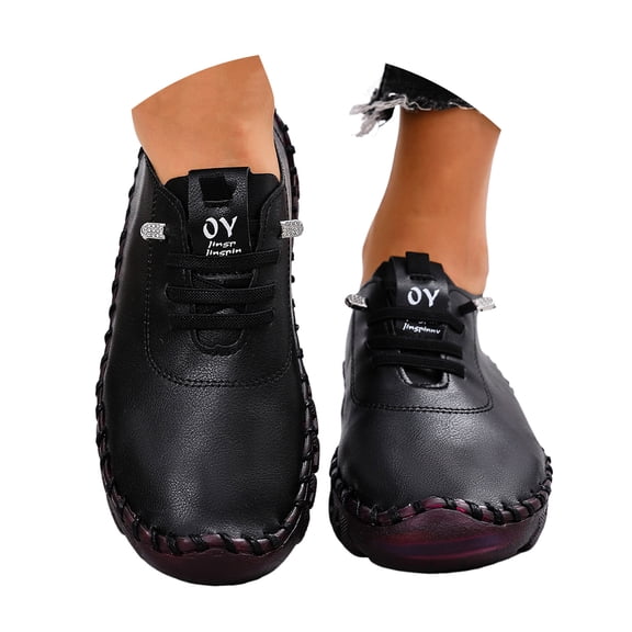 YLYL Women's Leather Flat Shoes Non-Slip Soft Bottom Breathable Round Toe Mom Loafers