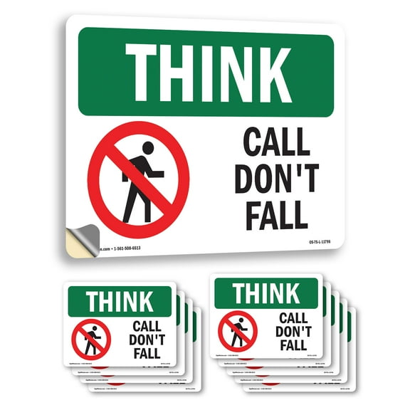 Call Don't Fall With Symbol OSHA Think Vinyl Decal Label 14 Inch x 10 Inch - 10 Pack