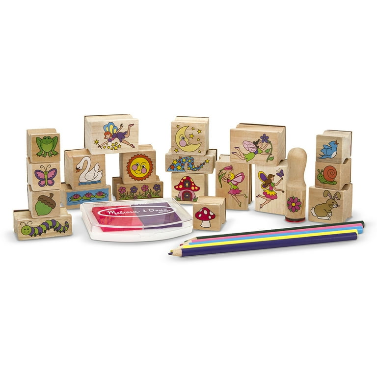 Melissa Doug Stamp a Scene Stamp Pad Fairy Garden 20 Wooden Stamps 5 Colored Pencils and 2 Color Stamp Pad