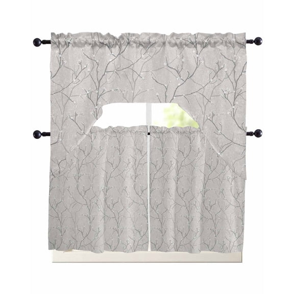 Grey Branches Swag Kitchen Curtains Sets for Windows 24 Inch Length, Vintage Art Farmhouse Short Window Curtain Panels Swags Valances and Tiers 3 Piece Set for Cafe/Dining Room