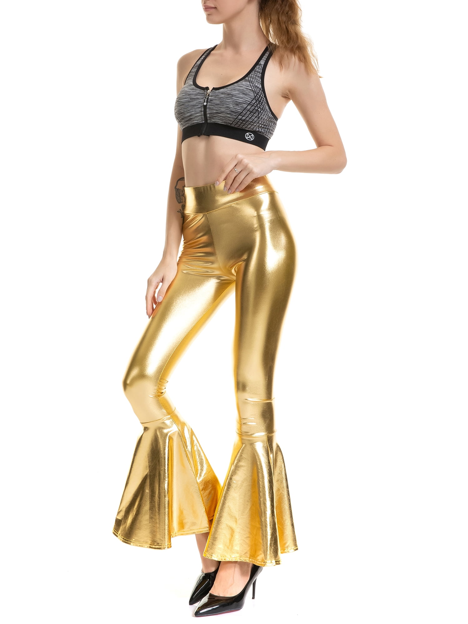 Womens Shiny Metallic Print High Waisted Disco Pants Leggings Ladies Stretch